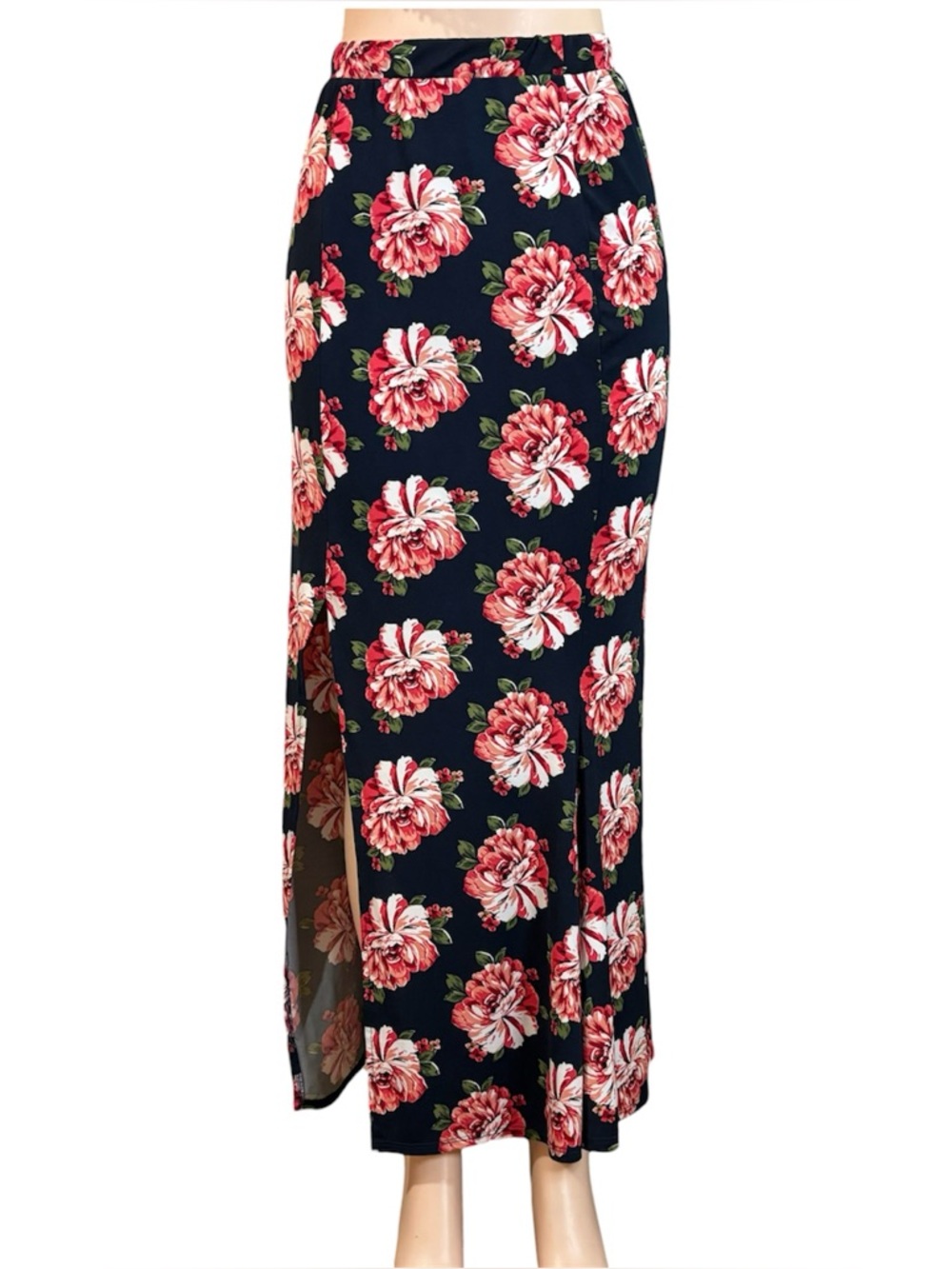 Vtg Floral Maxi Skirt Sz M Red Roses Slit 90s Y2K Made in USA grunge cottage